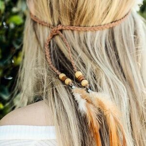 Anthropologie Bohemian Feather Headband in Dark Brown Leather